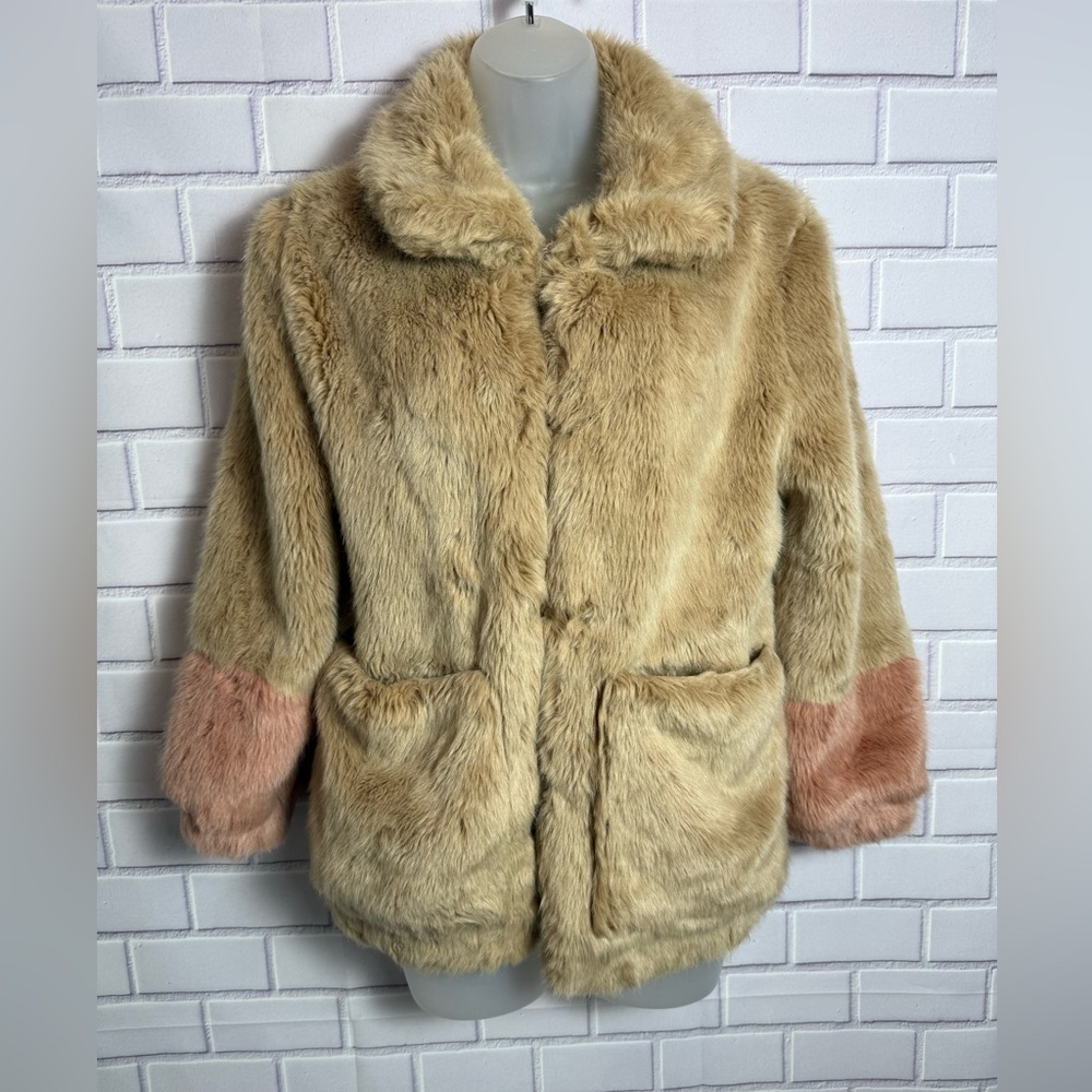 Zara Girls Faux Fur Coat Sz 11/12 Tan Beige barbie Pink Cuffs Cozy Winter Jacket
